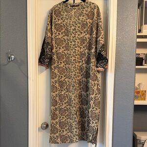 Floral Print Long Sleeve Dress - Beige/Brown